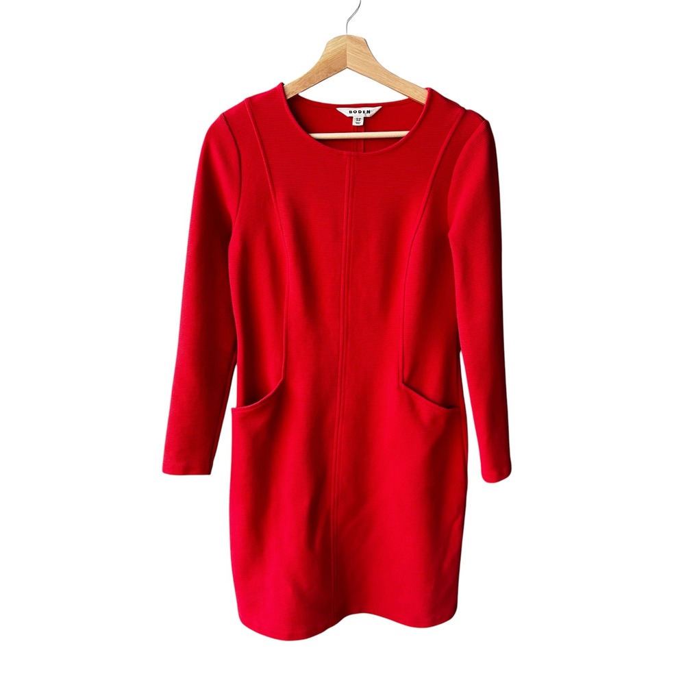 Boden Dress Rib Knit Long Sleeve Shift Orange Red Pockets Preppy Size 6 Petite